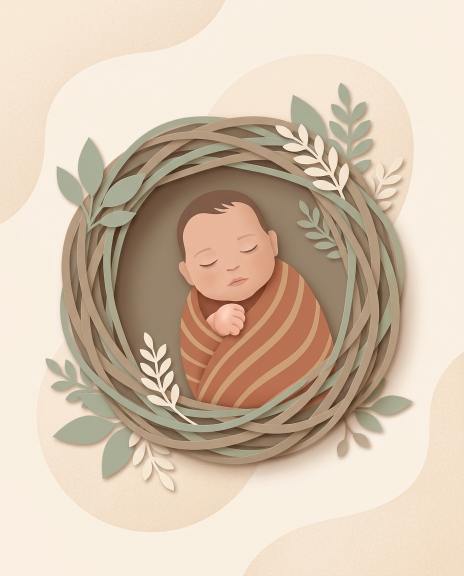 A newborn sleeping in a woven nest